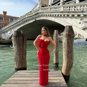 Dianruo Red Strapless Large Floral Evening Dresses Slimming Satin Robe De Soirée Femme Long Mermaid Robes Habillées Customized