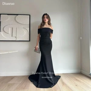 Dianruo Short Sleeves Black Evening Dresses Ruched Train Robe De Soirée Femme Mermaid Off Shoulder Robes Habillées Customized